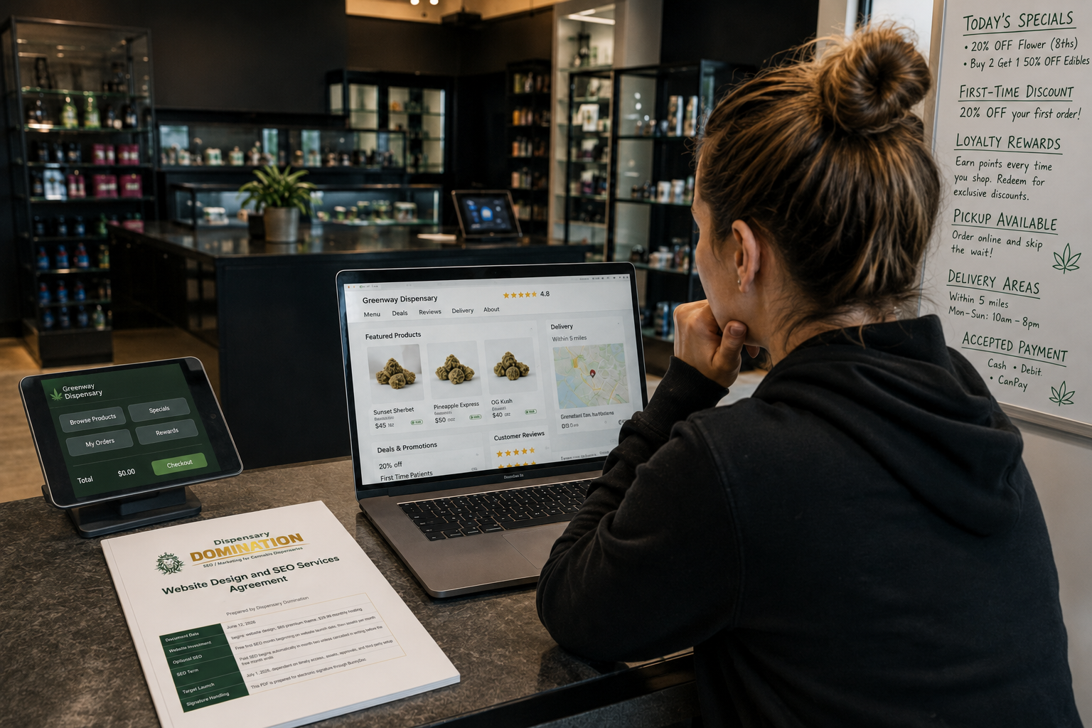 Dispensary employee reviewing an online menu beside a checkout tablet and Dispensary Domination SEO proposal