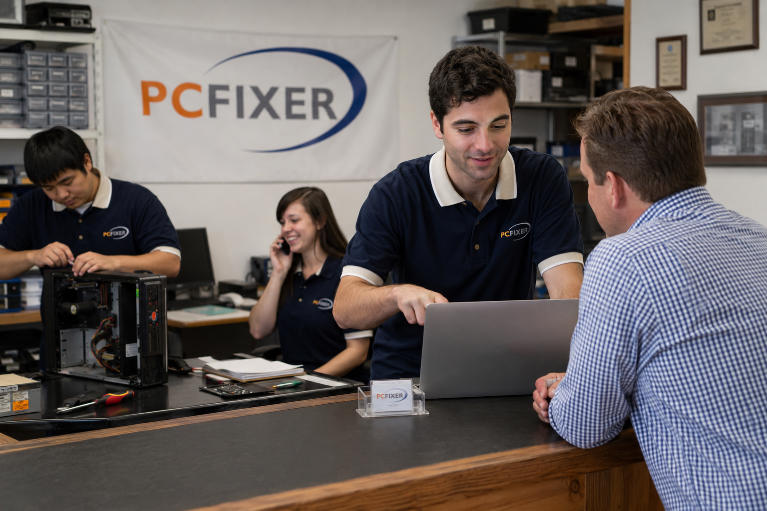 PC Fixer technicians helping a customer while repairing computers in the shop