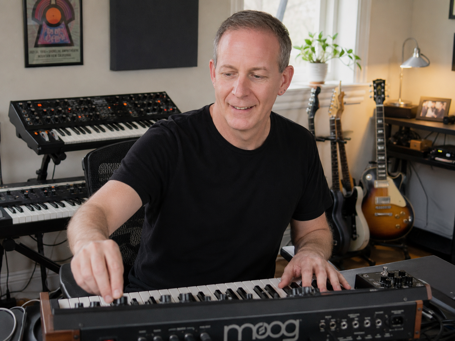 Robert Portillo adjusting a synthesizer in a home studio surrounded by keyboards and guitars Robert Portillo adjusting a synthesizer in a home studio surrounded by keyboards and guitars