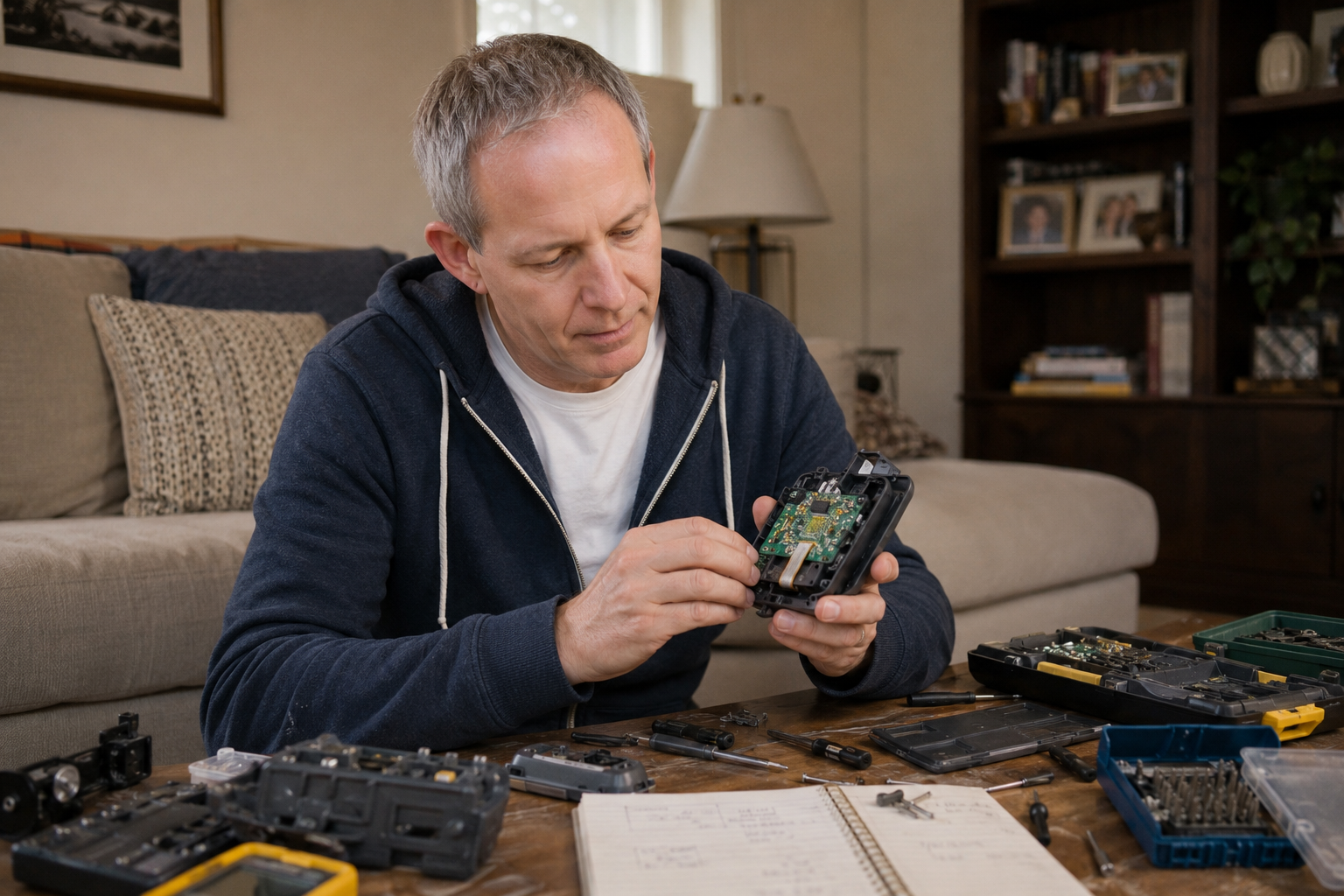 Robert Portillo examining an electronic device during a home repair project